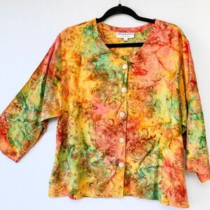 Eagle Ray Traders Batik dyed multi-color L Button down blouse tropical boho arts